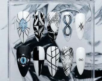 Anime JJK Nails | Gojo Satoru Geometric Almond Press On Nails | Manga Art Blue Eye