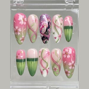 Mitsuri Nails | Demon Slayer Press On Nails Stiletto | Kimetsu no Yaiba Anime | Pink Green Sakura Hearts