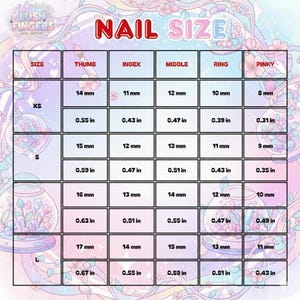 May include: A chart titled "NAIL SIZE" with measurements for nail sizes XS, S, and L. The chart includes measurements in inches and millimeters for thumb, index, middle, ring, and pinky fingers. The Lush Fingers Nail Artistry logo is in the top left corner.