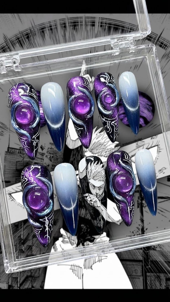 Gojo Satoru Press on Nails | Hollow Purple Anime Stiletto | Jujutsu Kaisen Crystal Cat Eye Nails Art