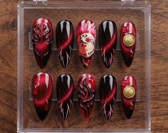 Anime JJK Press On Nails Long Stiletto | Red Cat Eye Sukuna 3D Dark Fantasy Custom Fake Nails Hand Painted Manga Cosplay Gothic