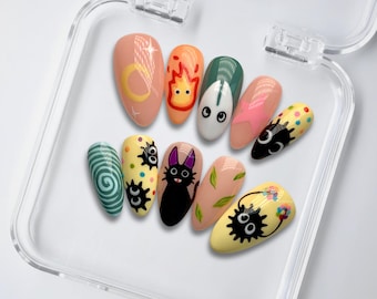 Ghibli Anime Press On Nails | Kawaii Soot Sprite & Calcifer Nail Art