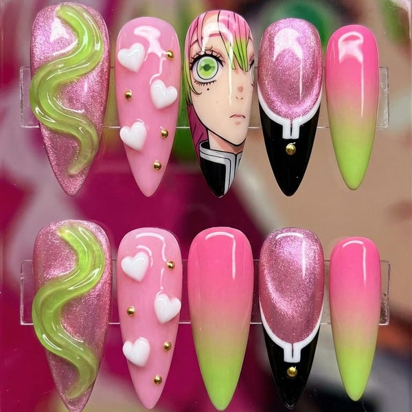 Mitsuri Press on Nails | Kimetsu SIayer Anime Nails Pink Green Ombre 3D Heart Cat Eye Long Stiletto | Valentine Day Gift for Her