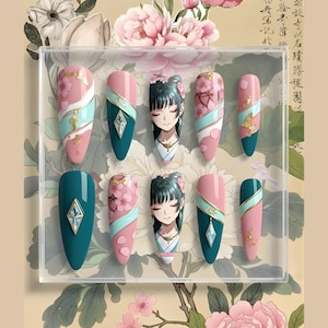 Maomao Nails | Apothecary Diaries Press On Nails Stiletto | Kusuriya no Hitorigoto Anime | Pink Teal Sakura Gold Foil
