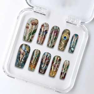 Stained Glass Press On Nails | Art Deco Gold Flower & Peacock Set