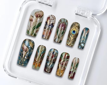 Stained Glass Press On Nails | Art Deco Gold Flower & Peacock Set