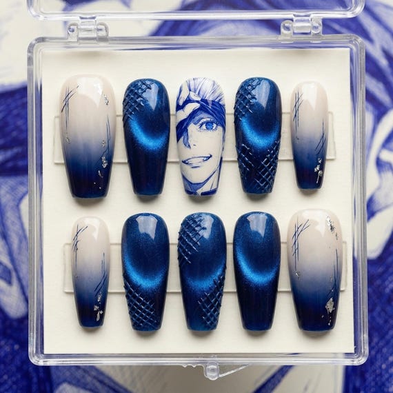Gojo Satoru Nails | JJK Magnetic Cat Eye Coffin Press Ons | Blue Gradient Silver Foil