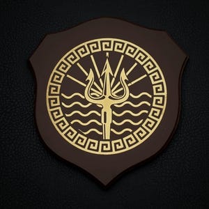 Pode incluir: Placa de madeira castanha com um emblema dourado com um tridente, ondas e um desenho de raios de sol dentro de uma borda de chave grega. A placa tem formato de escudo e est&aacute; sobre um fundo escuro e texturizado.