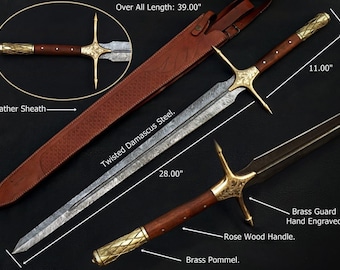 Espada artesanal de aço damasco com espiga completa, padrão Firestorm, ideal para presentes de Natal.