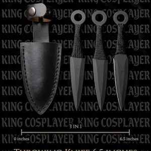 May include: A set of three black throwing knives with ring pommels and cord-wrapped handles, accompanied by a black leather sheath. The set is labelled as 3 in 1 and 6.5 inches in length, with the text THROWING KNIFE 6.5 INCHES 3-PIECE SET WITH LEATHER SHEATH.
