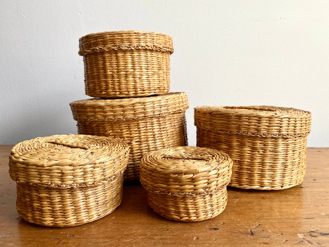 Woven Sweetgrass Basket With Lid Set of 5 Nesting Etsy