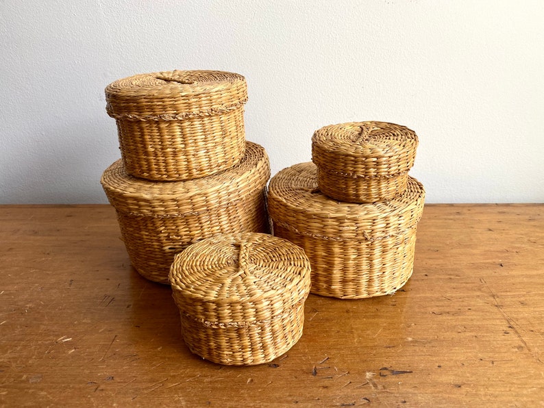 Woven Sweetgrass Basket with Lid set of 5 nesting Etsy