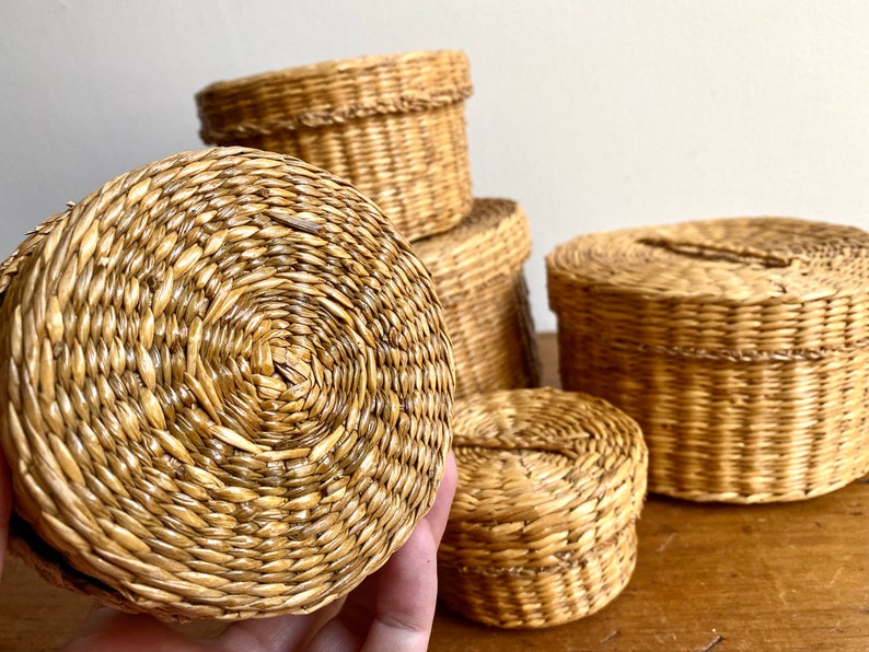 Woven Sweetgrass Basket with Lid set of 5 nesting Etsy