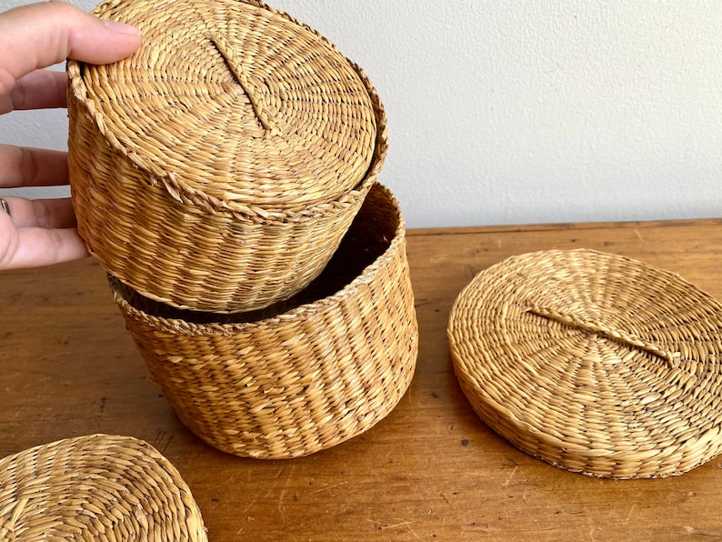 Woven Sweetgrass Basket with Lid set of 5 nesting Etsy