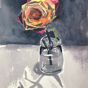 Rose in Vase, original watercolor painting, free spirit rose, variegated rose in clear vase