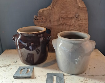 Gamla franska konfiterade krukor, vintage konserveringsburkar, stengodskrukor