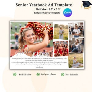 May include: A senior yearbook ad template measuring 8.5 inches by 5.5 inches. The design features a large photo of a cheerleader with red and gold pom-poms, the name Amelia Claire, and a heartfelt message from parents. Includes a Canva logo.
