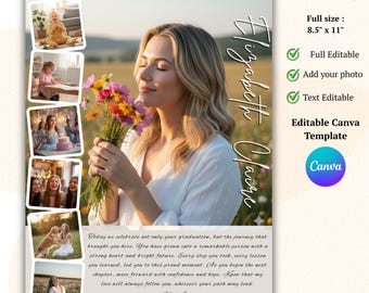 May include: Senior Yearbook Ad Template, 21.6 x 27.9 cm. A woman with flowers, name "Elizabeth Claire" in script. Includes photos and text: "Today we celebrate not only your graduation..." Editable Canva Template.