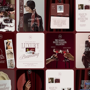 May include: A collage of images with a burgundy and cream color scheme. The images include text such as "Luxury Branding", "Building a Brand That Lasts", and "The Modern Brand Manager". Other images show people and wine glasses.