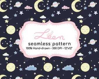 May include: Seamless pattern featuring a night sky design with smiling moons, stars, planets, and clouds in pastel colors. The pattern includes the text "Leen seamless pattern 100% Hand-drawn - 300 DPI - 12"x12"" within a pink frame.