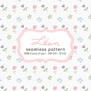 May include: A seamless pattern featuring watercolor illustrations of pink roses, purple tulips, blue berries, and green leaves on a white background. The design includes the text "Leen seamless pattern 100% Hand-drawn - 300 DPI - 12"x12".