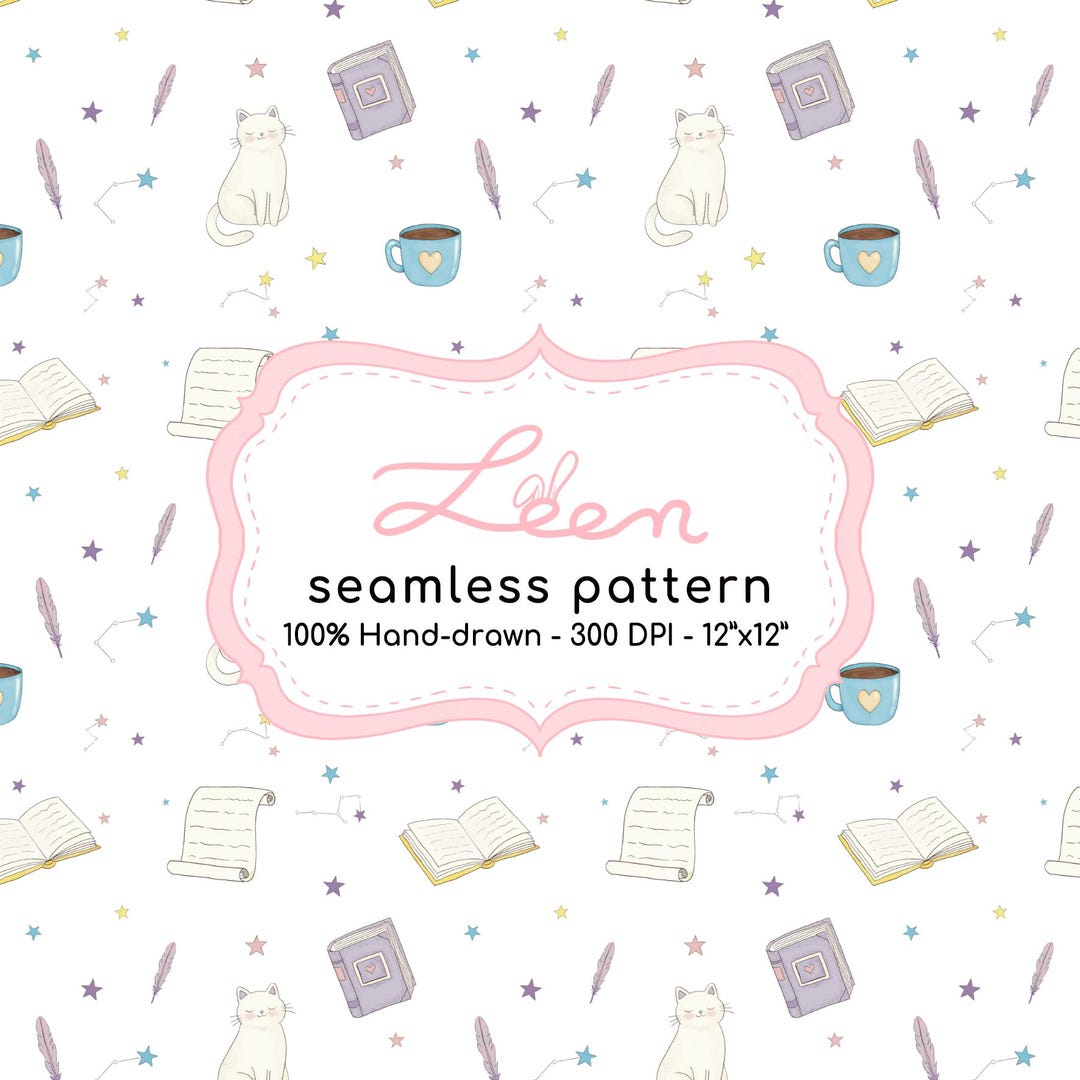 Cozy Bookworm Seamless Pattern | Kawaii Cat Digital Paper (12x12 Inches ...