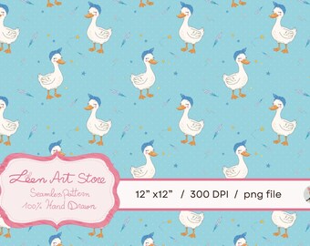 May include: Seamless pattern featuring cartoon geese wearing blue hats on a light blue background with stars and comet illustrations. The geese are white with orange beaks and feet. The pattern is 12" x 12" and hand drawn.