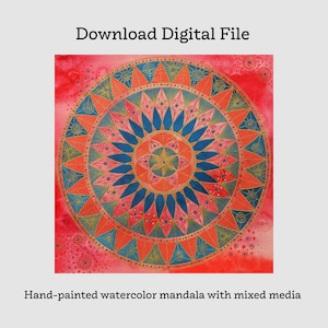 Könnte beinhalten: Handgemaltes Aquarell-Mandala mit Mischtechnik. Das Kunstwerk zeigt ein kreisförmiges Design mit rotem Hintergrund. Das Mandala hat blaue, orangefarbene und goldene geometrische Muster. Der Text "Download Digital File" steht oben.