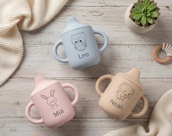 Gobelet en Silicone Personnalisé Bébé & Enfant | Tasse d'Apprentissage Anti-fuite avec Prénom Gravé et Motif Animal | Cadeau anniversaire