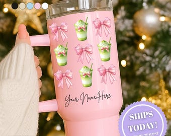 Coquette Matcha Latte Tumbler, Bow Iced Coffee Cup, Matcha Lover Birthday Gift, Personalized Name Cup, Aesthetic Pastel Coffee Tumbler
