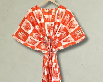 Orange Printed Kaftan Dress, Lightweight Cotton Lounge Wear, Relaxed Fit Summer Outfit, Casual Home Wear, Breezy Boho Style