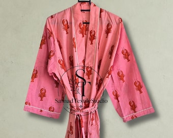 Różowy szlafrok kimono z bawełny z nadrukiem dłoni homara, lekki strój domowy w stylu boho, szlafrok ciążowy i do spa, prezent dla niej