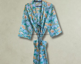 Bata kimono de algodón floral hecha a mano, ropa de estar por casa de verano, conjunto para damas de honor, conjunto para el hospital o para embarazadas, regalo para mamá