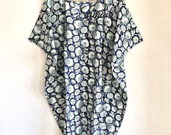 Hand Block Print Cotton Kaftan Dress, Beach Cover Up Dress, Summer Vacation Dress, Resort Wear Women