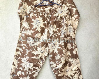 Handmade Earthy Brown Floral Hand Block Print Co-Ord Set Premium Cotton Shirt Pants Elegant Lounge  Resort Wear Cozy work-from-home outfit