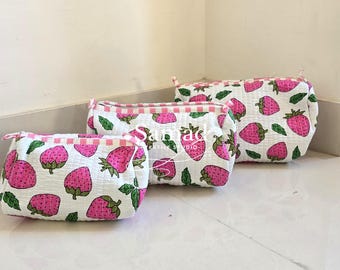 Strawberry Pattern Toiletry Bag Set, Quilted Cotton Makeup Organizer, Travel Pouch Trio, Cute Gift for Girls