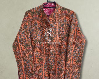 Chaqueta acolchada estilo bohemio con estampado a mano, abrigo reversible estilo nómada, chaqueta con estampado floral étnico, idea de regalo de Navidad.