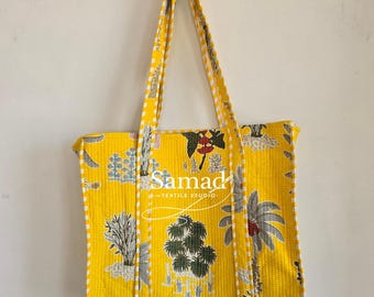 Handblock Printed Yellow Cotton Tote Bag, Quilted Floral Shoulder Bag, Eco Friendly Handmade Shopper, Boho Market Carryall Gift for Her