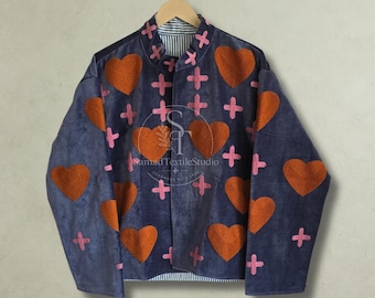 Ręcznie haftowana aksamitna kurtka damska, boho vintage'owy płaszcz, kwiecista, bawełniana podszewka, zimowa warstwa, prezent od rzemieślnika