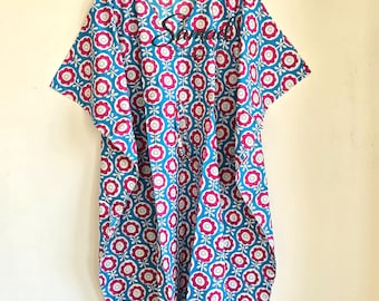 Bohemian Blue Kaftan Dress, Cotton Printed Lounge Wear, Breezy Summer Outfit, Comfortable Daily Wear