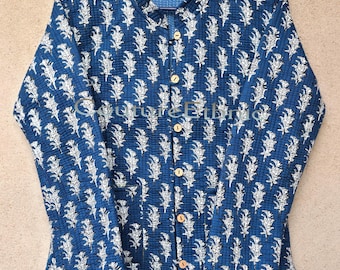 Reversible Quilted Cotton Jacket for Women, Hand Block Print Indian Boho Jacket, Lightweight Handmade Coat With Pockets