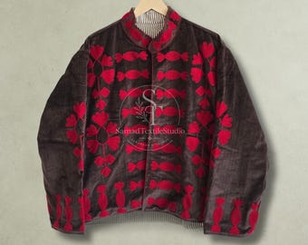 Ręcznie robiona aksamitna kurtka damska, haftowany płaszcz boho, odzież wierzchnia w stylu vintage z kwiatowym wzorem, zimowa warstwa z podszewką bawełnianą, prezent na rocznicę