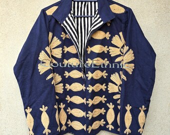 Blue Velvet Suzani Embroidered Jacket, Boho Embroidered Cotton Outerwear, Boho Floral Winter Coat, Gift for Her