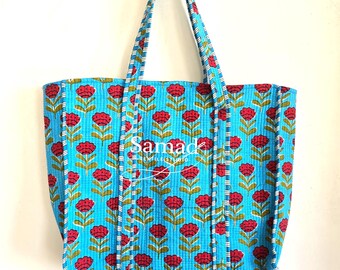 Quilted Cotton Tote, Blue Floral Block Print Bag, Everyday Shoulder Carryall, Travel Tote, Bridesmaid Gift, Bridal Tote
