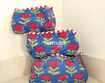 Handmade Quilted Cotton Toiletry Bag, Floral Block Print Cosmetic Pouch, Travel Makeup Organizer, Zipper Storage Bag, Gift for Her