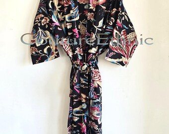 Black Floral Kimono Robe, Boho Cotton Lounge Robe, Lightweight Bathrobe, Bridesmaid Getting Ready Robe, Resort Wear, Gift for Her