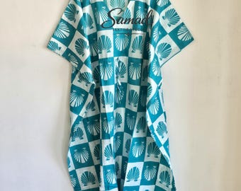 Hand Block Print Cotton Kaftan Dress, Seashell Print Boho Kaftan, Beach Cover Up Resort Wear, Loose Maxi Vacation Lounge Dress