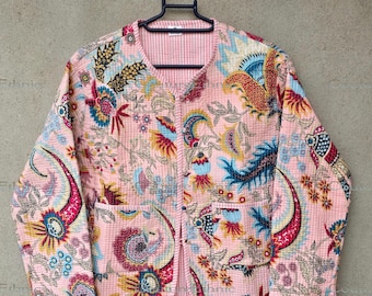 Reversible Quilted Cotton Jacket for Women, Hand Block Print Indian Jacket, Handmade Boho Light Winter Wear