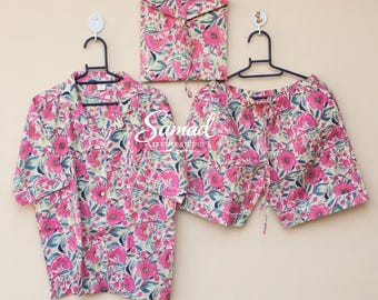Floral Cotton Pajama Set Women, Pink Night Suit Set, Summer Sleepwear, Button Down Shirt & Shorts, Women Loungewear, Comfy Nightwear Gift
