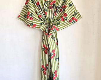 Green Cherry Print Cotton Kaftan Dress, Striped Boho Beach Cover Up, Resort Wear Women, Loose Maxi Caftan, Summer Vacation Lounge Dress